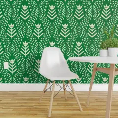 Pre-Pasted Wallpaper 2FT Wide Simple Floral Rustic Botanical Hand Drawn Green And Cream Tulip Custom Pre-pasted Wallpaper by Spoonflower