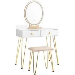 Makeup Dressing Table Included Soft Cushion Seat Stool with 3 Lighting Modes and 2 Large Drawers White