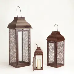 Melrose Set of 3 Brown Modern Style Mesh Pillar Candle Holder Lanterns 21"