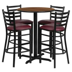 Emma and Oliver 30" Round Laminate Table Set with X-Base and 4 Ladder Back Stools Walnut/BurgundyVYL