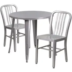 Emma and Oliver Commercial Grade 30" Round Metal Indoor-Outdoor Table Set & 2 Slat Back Chairs Silver