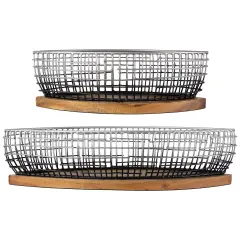 Northlight Oblong Iron Baskets with Wooden Base - 15" - Silver and Black - Set of 2