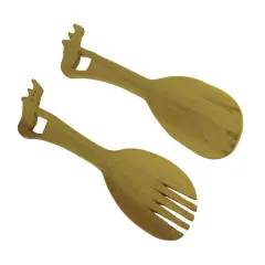 Hand Carved Wood Decorative Rhinoceros Handle Salad Server Set