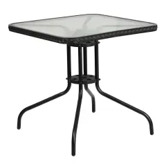 Emma and Oliver 28" Square Tempered Glass Metal Table with Rattan Edging Clear/Black Rattan