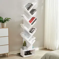 10-tier Tree Bookshelf with Drawer Free-standing Storage Bookcase White