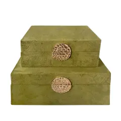 Kingston Living Medallion Rectangular Decorative Boxes - 12" - Green and Gold - Set of 2
