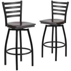 Emma and Oliver 2 Pack Ladder Back Swivel Metal Barstool Walnut/BlackMetal