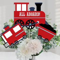 Big Dot of Happiness Railroad Party Crossing - Steam Train Birthday Party or Baby Shower Centerpiece Sticks - Table Toppers - Set of 15