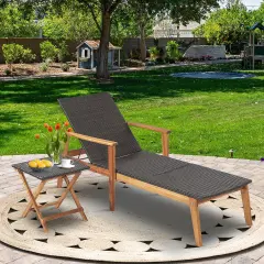 Costway 2PCS&nbsp;Patio&nbsp;Rattan&nbsp;Lounge&nbsp;Chair&nbsp;Chaise Recliner Wood Back Adjust W/Folding&nbsp;Table
