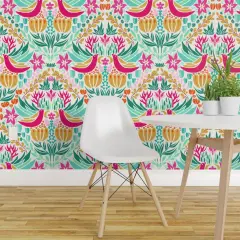 Peel & Stick Wallpaper 2FT Wide Colorful Birds Pink Green Boho Botanical Floral Custom Removable Wallpaper by Spoonflower