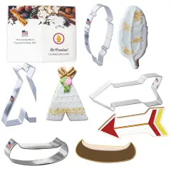 CookieCutter.Com Native Tribal Cookie Cutter Set - 4.5 in Feather, 4 in Canoe, 4 in Tepee, 4.5 in Arrow - USA Made - Cookie recipe included