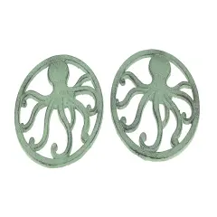 Distressed Coastal Cast Iron Octopus Sea Foam Green Trivet Set of 2
