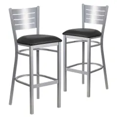 Emma and Oliver 2 Pack Silver Slat Back Metal Restaurant Barstool BlackVinyl/Silver
