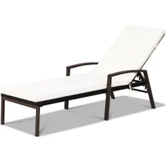 Patio Rattan Lounge Chaise Recliner with Back Adjustable Cushioned White