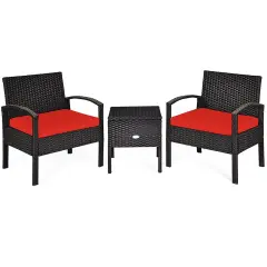 3 Piece PE Rattan Wicker Sofa Set with Washable and Removable Cushion for Patio Red