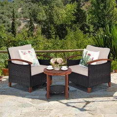 3 pcs Solid Wood Frame Patio Rattan Furniture Set Beige