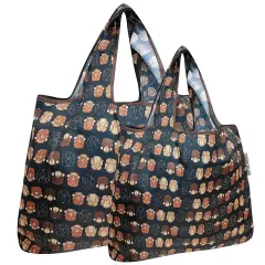 Wrapables Large & Small Foldable Tote Nylon Reusable Grocery Bags, Set of 2 Monkey Business