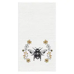 Queen Bee Embroidered Cotton Waffle Weave Kitchen Dishtowel, Farmhouse