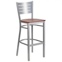 Emma and Oliver Silver Slat Back Metal Restaurant Dining Barstool CherryWood/Silver