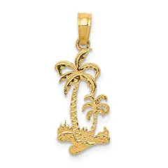 14K Yellow Gold Palm Trees Charm Tropical Beach Pendant Jewerly 22.5mm x 9mm