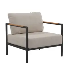 Merrick Lane Eastport Outdoor Accent Chair with Removable Plush Fabric Cushions and Teak Accented Aluminum Frame Light Gray