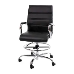 Merrick Lane Tevia Mid-Back Drafting Chair with Adjustable Foot Ring Faux Leather Upholstered Swivel Chair with Chrome Base Black