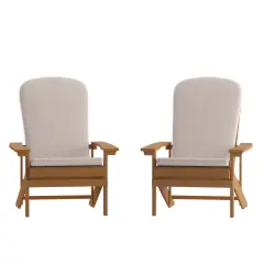 Merrick Lane Riviera Set of 2 Weather Resistant Adirondack Patio Chairs With Vertical Lattice Backs and Comfort Foam Cushions Teak/Cream