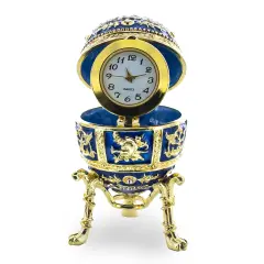 Blue Enamel Royal Inspired Imperial Easter Egg with Clock Surprise