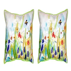 Pair of Betsy Drake Bird & Daffodils Indoor/Outdoor Pillows 12 X 12
