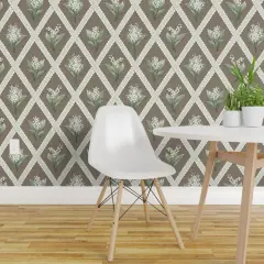 Pre-Pasted Wallpaper 2FT Wide Traditional Floral Lattice Earth Tones Cottagecore Cream Brown Green Custom Pre-pasted Wallpaper by Spoonflower