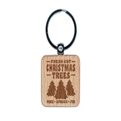 Fresh Cut Christmas Trees Engraved Wood Square Keychain Tag Charm