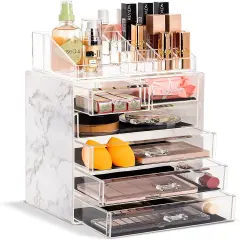 Sorbus 2 Piece Acrylic Makeup and Jewelry Storage Organizer Case (6 Drawers and Lipstick Tray) Marble