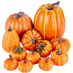 Artmag Package of 12 Pcs Assorted Sizes Artificial Fake Orange Pumpkins Large Faux Harvest Pumpkins for Fall Thanksgiving Halloween Seasonal Holiday Decor Decoration