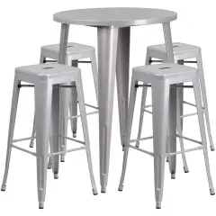 Emma and Oliver Commercial Grade 30" Round Metal Indoor-Outdoor Bar Table Set, 4 Backless Stools Silver