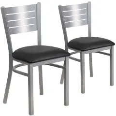 Emma and Oliver 2 Pack Silver Slat Back Metal Restaurant Chair BlackVinyl/Silver