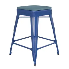 Emma and Oliver Kam Backless Metal Indoor-Outdoor Stool with All-Weather Polystyrene Seat Blue/Teal-Blue