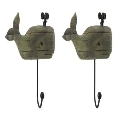 Distressed Wood Look 2 Piece Spouting Whale Wall Hook Set