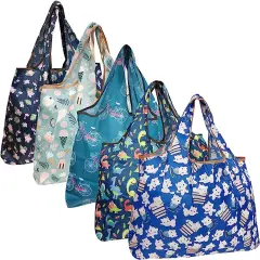 Wrapables Large Foldable Tote Nylon Reusable Grocery Bags, 5 Pack Exciting Adventures