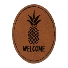 Pineapple Fruit Welcome Round Iron-On Engraved Faux Leather Patch Applique - 2.5" Brown