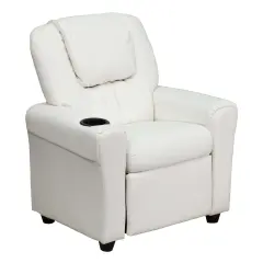 Emma and Oliver Contemporary Kids Recliner with Cup Holder and Headrest White Vinyl