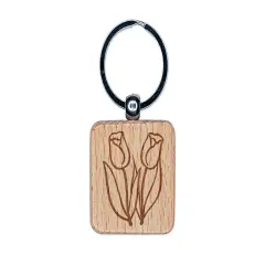 Spring Summer Tulips Engraved Wood Square Keychain Tag Charm
