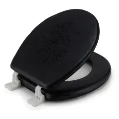 Embroidered Padded Soft Round Toilet Seat With Easy Clean & Change Hinge Black