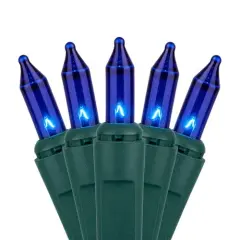50 Blue Mini Lights, Green Wire, 6" Spacing