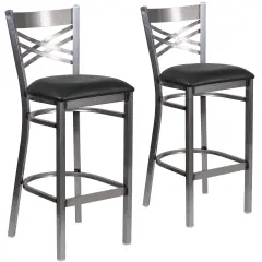 Emma and Oliver 2 Pack Clear Coated "X" Back Metal Restaurant Barstool BlackVYL/ClearCoated