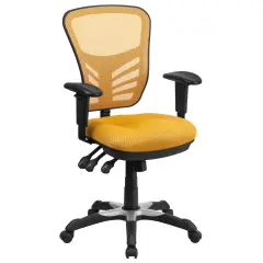 Emma and Oliver Mid-Back Mesh Triple Paddle Swivel Ergonomic Office Chair with Adjustable Arms Yellow-Orange