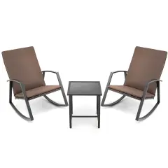 3 Pieces Patio Rattan Rocking Furniture Set Brown