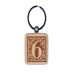 Monogram Swirls Number 6 Six Engraved Wood Square Keychain Tag Charm