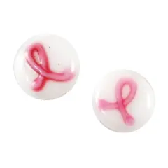 Lampwork Glass White Flat Round Bead with Pink Ribbon (Package of 2 Beads)
