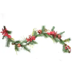 Northlight Bows, Berries and Ornaments Mixed Pine Artificial Christmas Garland - 6' x 10" - Unlit Red