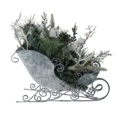 Northlight Frosted Christmas Pinecone, Bell and Foliage Filled Sleigh - 9.5" Gray